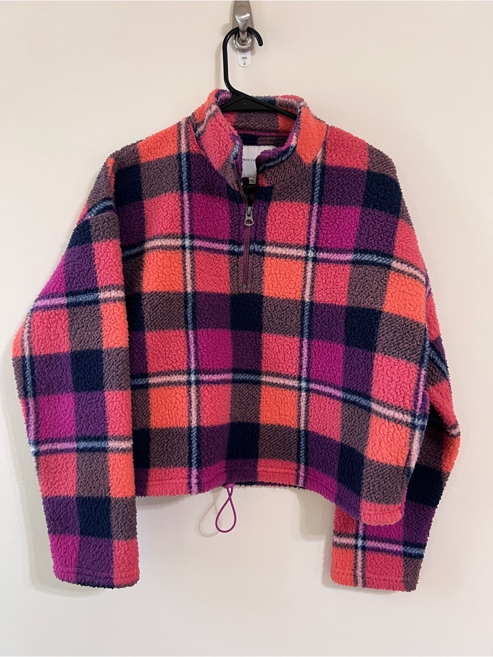 American Eagle Plaid Quarter-Zip Sherpa Jacket - Pink & Navy